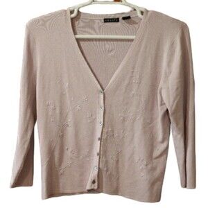 Absolu Pink Cardigan Embroidered Sweater Mother of Pearl Buttons LG